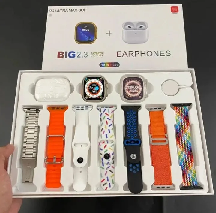 i20 Ultra Max Smart Watch 10 in 1 Combo – 2.3" Display, Wireless Earbuds & 7 Straps