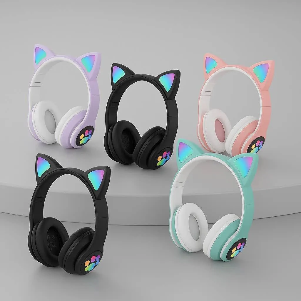 STN-28 Cat Ear Wireless Bluetooth Headphones - LED Lights, Built-in Mic, Foldable, For Kids & Girls